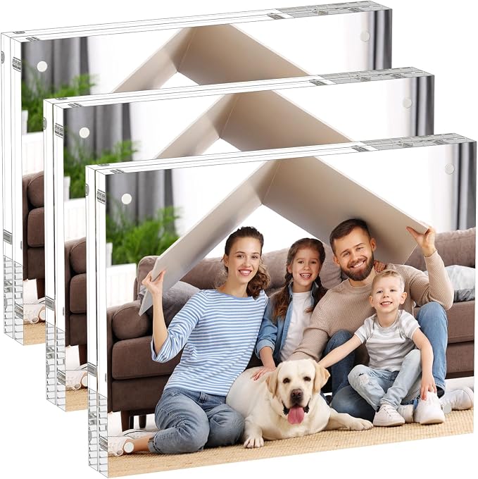 AITEE 6x8 Acrylic Picture Frames 3 Pack, Clear Picture Frames，20% Thicker | Freestanding Double Sided Magnetic Acrylic Lucite Frameless Transparent Square Frame Block Gift for Desktop Display