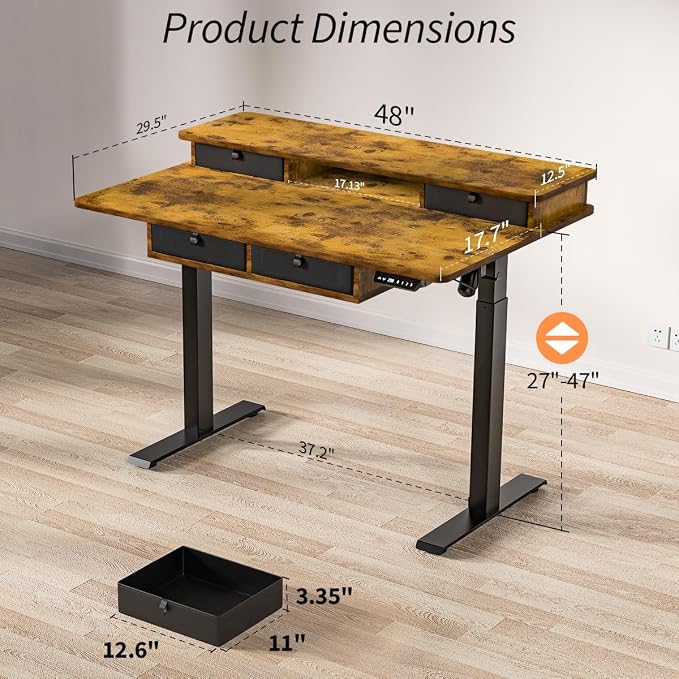 Kingant Electric Standing Desk with 4 Drawers,USB Charging Ports 48"x 30" | Ergonomic Height Adjustable Large Workstation, Heavy-Duty Sit Stand Up Desk For Home Office Daily Work,Rustic Brown