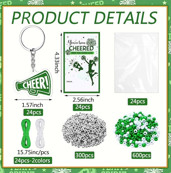 Suncalla 996 Pcs 24 Set Cheer Keychain Making Kit DIY Key Chain Crafts Cheerleader Gifts Cheerleading Bag Charms Adjustable Letter Beads Cards Strings Green Kit for Backpack Team Gift Sport Accessory