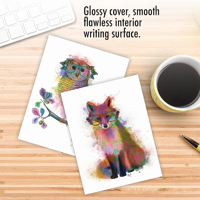 Best Card Co 10 Blank Watercolor Animal Note Cards Box Set 4 x 5 Inch + Envelopes Funky Rainbow Wildlife for Animal Lovers M4948OCB-B1x10-NB