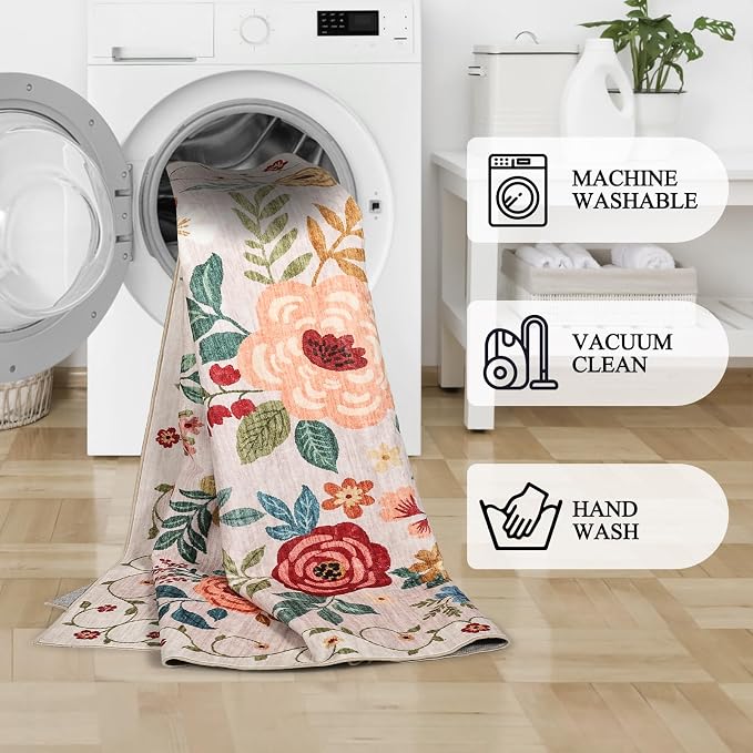 DUKINO 3x10 Runner Rug for Hallway, Washable Kitchen Floral Runner Rug with Non Slip Backing, Low Pile Soft Boho Carpet for Kitchen, Hallway, Entryway, Laundry, Bedroom, Beige