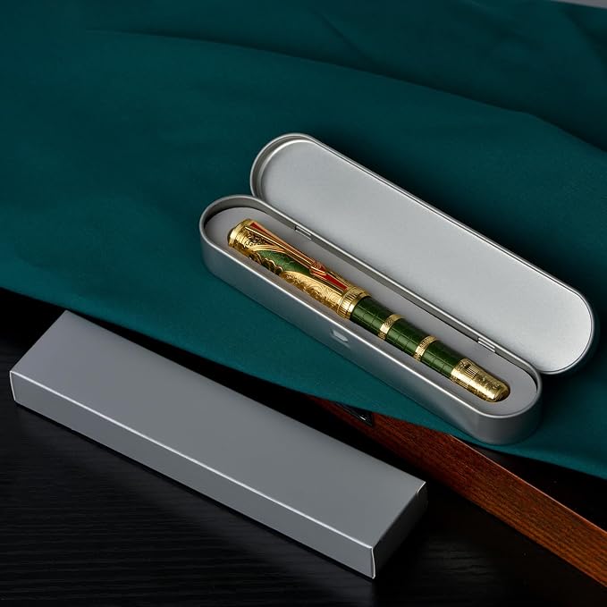 Hongdian D5X Fountain Pen Green Medium Nib, Qin Dynasty Retro Chinese Totem Engraving Smooth Writing Pen with Converter and Pen Box Set