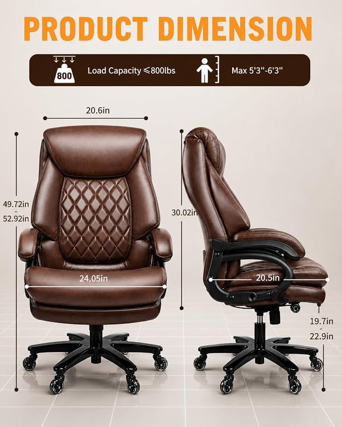 Big and Tall Executive Office Chair with Adjustable Lumbar Support, Extra Wide Seat, Heavy Duty Computer Desk Chair for Long Working Hours, Gaming & Home Office, Quiet Rolling Wheels