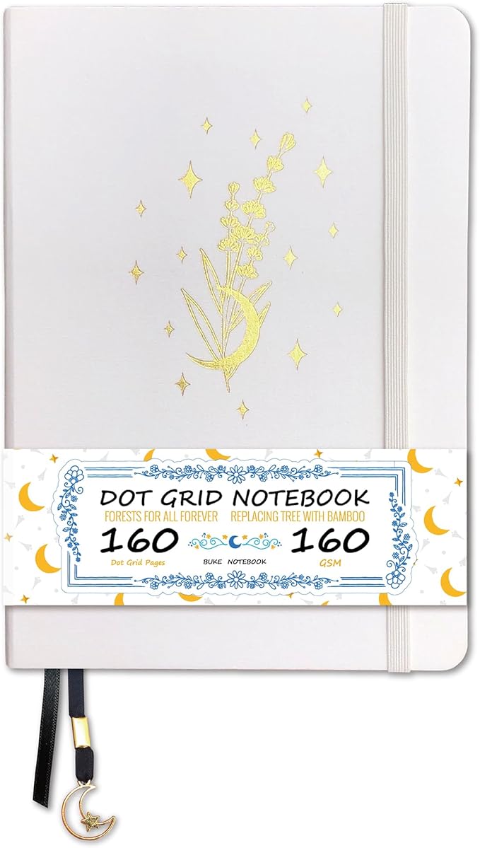 BUKE Dotted Notebook - Cotton Fabric Hardcover - 160gsm Thick Bamboo Paper - A5 Size Dotted Journal - 5x5mm DOT GRID Layout 160 Pages With Gift Box (BKC-4D)