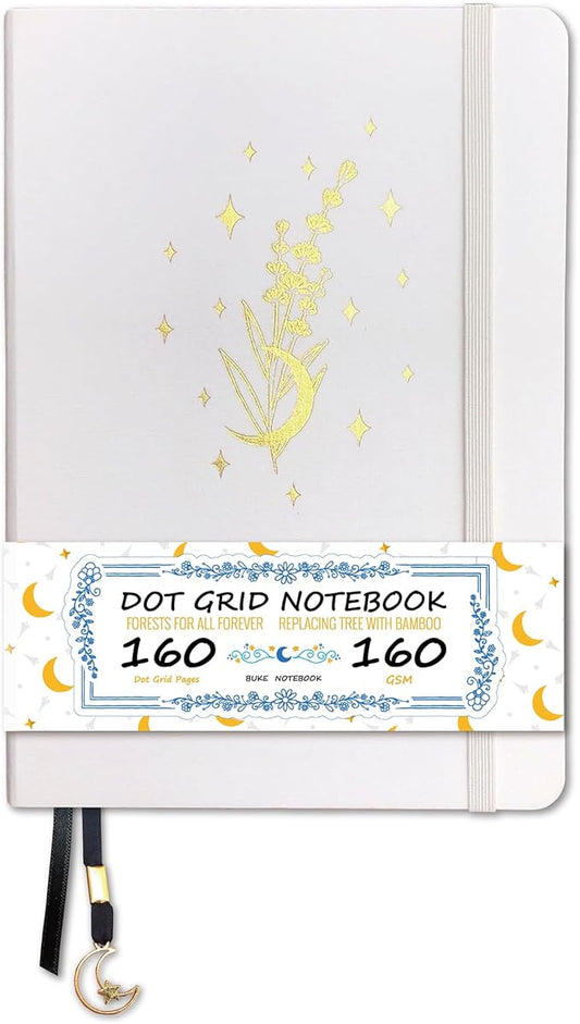 BUKE Dotted Notebook - Cotton Fabric Hardcover - 160gsm Thick Bamboo Paper - A5 Size Dotted Journal - 5x5mm DOT GRID Layout 160 Pages With Gift Box (BKC-4D)