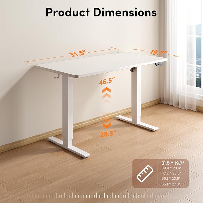 FEZIBO One-Piece Standing Desk, 32"x20" Seamless Tabletop Electric Height Adjustable for Home Office, Study Rooms & Multi-Device Workstations, White