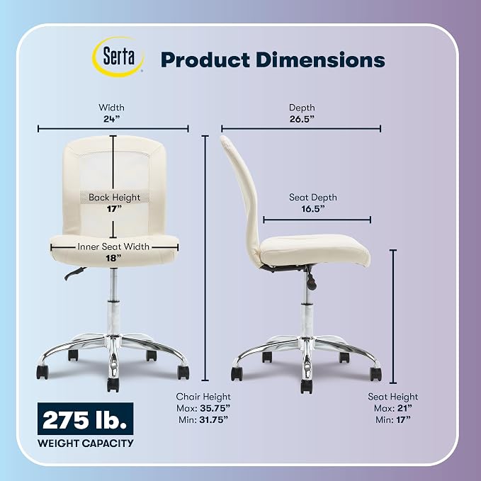 Serta Armless Small Home Desk Chair with Wheel, Ergonomic Mesh Office Chair | Leather and Foam Cusioned Seat, Adjustable Height, Small Vanity Chair for Bedroom and Small Spaces, 360° Swivels, Cream White