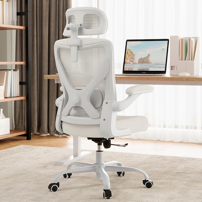 Ergonomic Office Chair: Mesh Desk Chair Comfy with Headrest& Lumbar Support | Ergalithic Big and Tall Office Chairs with Wheels & Flip-Up Arms-Computer Gaming Chairs for Adults Home Office Chairs(White)