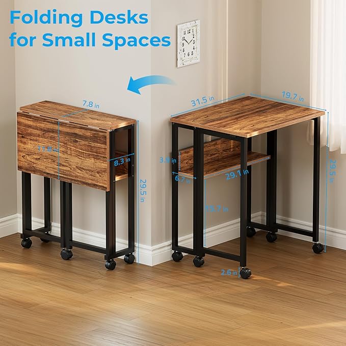 GreenForest Folding Desk Small Rolling Desk with Storage Shelf, 31.5 inch Foldable Computer Desk with Wheels for Small Space, Easy Assembly,Walnut
