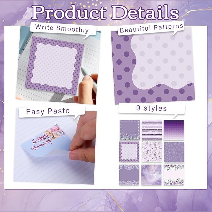 Aesthetic Sticky Notes Gifts, 9 Pack Purple Aesthetic Notepads 3x3 Inch Gifts for Coworkers Students, Lavender Memo Pads Office School Supplies for Men Women (450 Sheets)