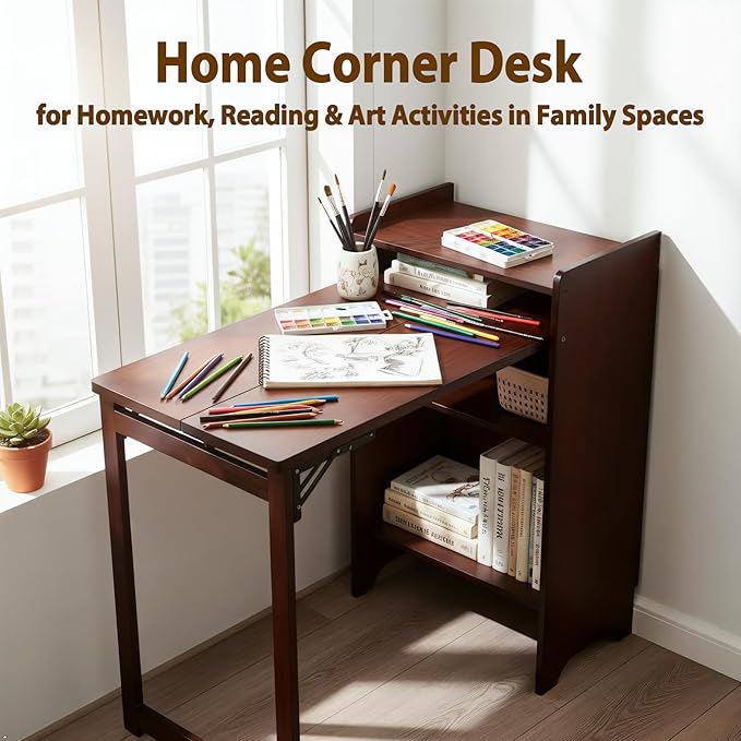 Bamboo Folding Desk with Storage, Mid Century Fold Out Table, Space Saving Foldable Desk for Small Spaces, Multi-Functional Computer Desk for Home Office, Bedroom, Apartment & Dorm