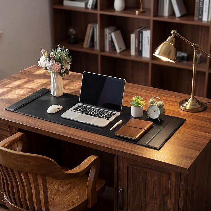 47.2 x 17 Inch Leather Desk Pad Protector with Side Rails, Executive Office Desk Mat for Home Workspace, Writing Surface, Mouse & Keyboard Pad, Elegant Gift for Men Dad Husband(Black)