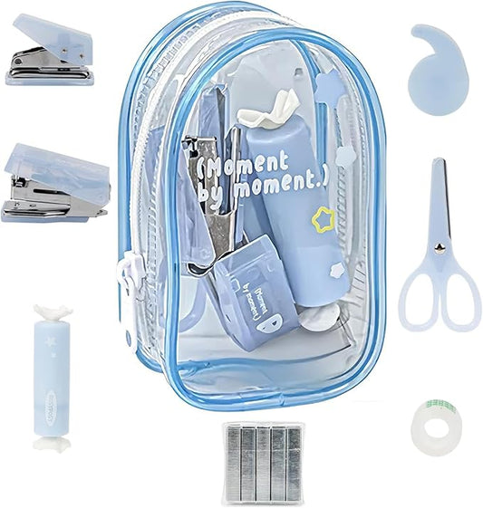 7pcs Mini Stationary Kit with Compact Scissors Hole Punch Portable Stapler Mini School Supplies Kit Blue Stapler and Tape Dispenser Set for Students Christmas Gifts (Blue)