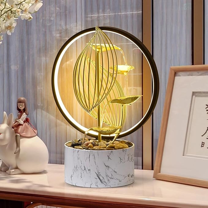 15'' H Large Golden Tabletop Water Fountain with Led Light for Indoor Meditation Yoga Spa Room Decor