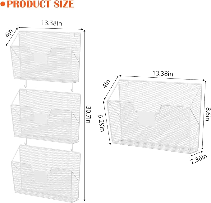 OYEAL Hanging Wall File Organizer Holder 3 Pack Mesh Wall Mounted Magazine Holder with Hooks, Metal Wall Document Pocket Mail Organizer for Office/Home Organization and Storage, White