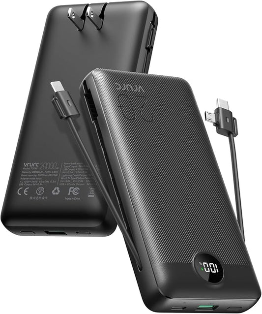 VRURC Portable Charger 20000mAh, Fast Charging Power Bank USB C,4 Output 2 Input Travel Essentials Charging Bank Equipped with LED Display,Built-in Wall Plug and Cables,Phone Charger Battery,Black