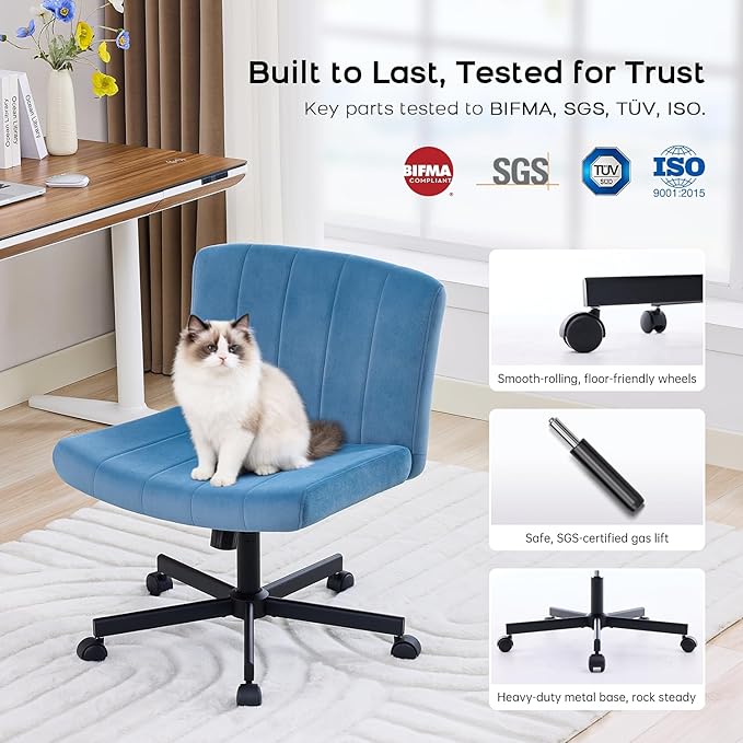 LukkDys Criss Cross Chair with Wheels, Wide Cross Legged Desk Chair, Comfy Fabric Vanity Chair for Home Office Bedroom, Adjustable Armless Swivel Task Chair with 90–115° Tilt, Denim Blue