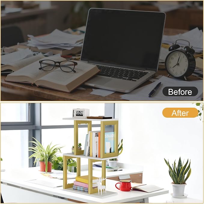 BOHDK Book Shelf, 3-Tier Small Bookshelf for Desk Organizer Corner Bookshelf Table Top Shelving, White & Gold Decor Aesthetic Desk Hutch for Office Home Dorm
