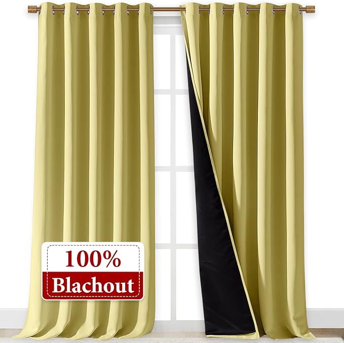 NICETOWN 100% Blackout Blinds, Laundry Room Decor Window Treatment Curtains for Large Patio Sliding Door, Thermal Insulated Paler Yellow Curtains for Bedroom, Set of 2, 70 inches x 108 inches