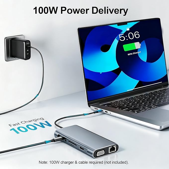 USB C Hub Multiport Adapter, 11 in 1 USB C Docking Station with 4K HDMI, 1080P VGA, 100W PD, USB 3.0, RJ45 Ethernet, TF/SD Card Reader, 3.5mm Audio, USBC Dongle for MacBook Pro/Air, Windows, Laptops