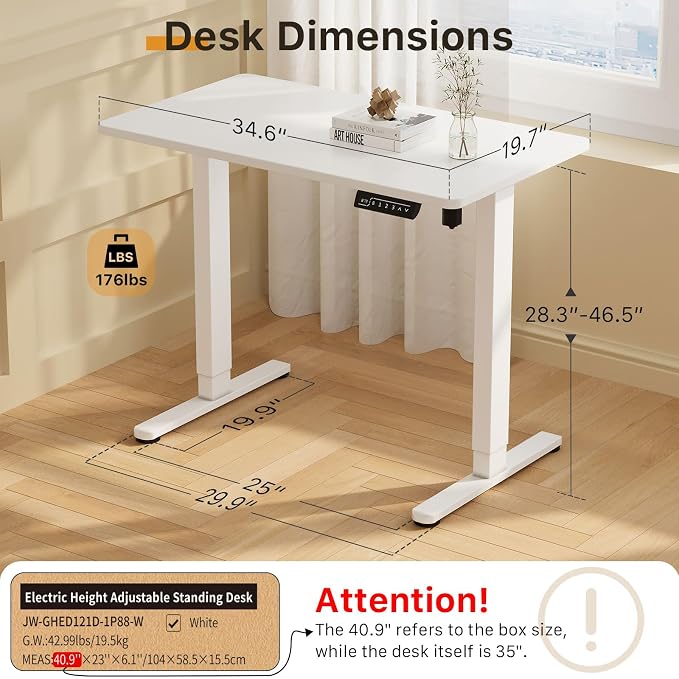 JOY worker Small Electric Standing Desk, 35" Whole Piece Height Adjustable | 35" x 20" White Narrow Sit Stand Desk with Memory Controller, Compact Computer Workstation for Home Office Walking Pad