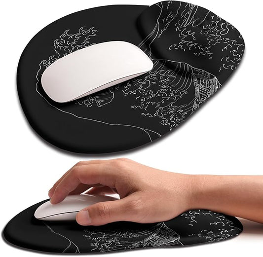 Palm-Rest and Wrist-Hugging Mouse Pad Wrist Rest, Ergonomic Wrist Support with Curve Fitting Cushioned Memory Foam for Carpal Tunnel Pain Relief, 9.9 x 8.3 Inch, Waves