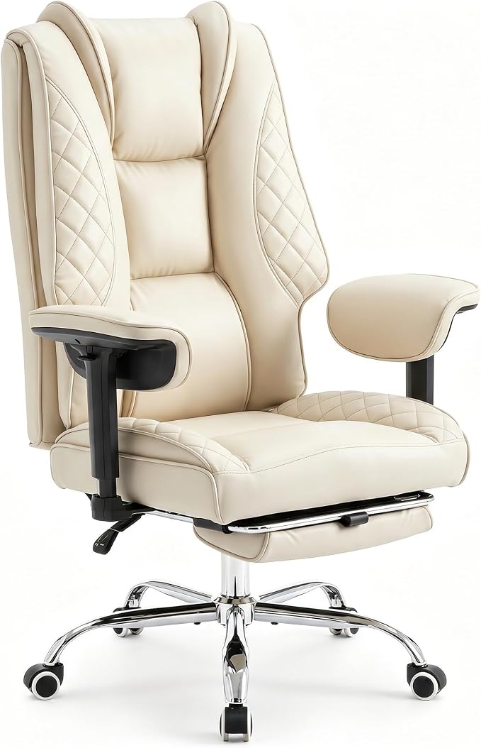 Big and Tall Office Chair Heavy Duty Wide Executive Office Chair(Beige) | Breathable Leather，Double-layered Backrest，Seat Cushion Designed of Deluxe Embroidery Leather，Foot Rest, Adjustable Armrests
