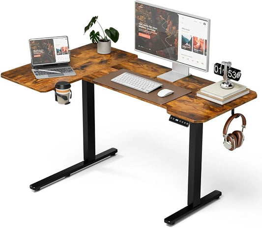 Acrolix L Shaped Electric Standing Desk - 43x31.5 Inch Reversible Corner Sit Stand Desk with Hook&Cup Holder,Electric Height Adjustable Table,for Small Home Office&Bedroom Computer Desk, Rustic Brown