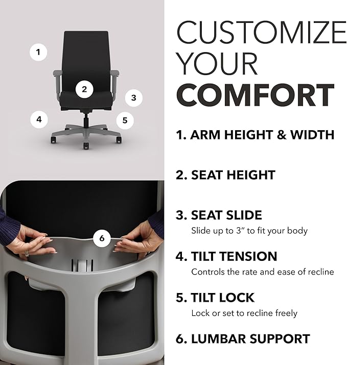 HON Ignition 2.0 Mid‑Back Ergonomic Office Chair, Mesh Task Seating with Lumbar Support, Advanced Synchro‑Tilt, Height and Width Adjustable Arms, Titanium Frame, Onyx