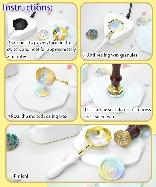 Electric Wax Seal Warmer with 1300Pcs Sealing Wax Beads, 50 Pcs Wax Seal Stickers and 2 Metal Wax Seal Molds, Fast Melting Wax Seal Warmer, Wax Seal Stirring