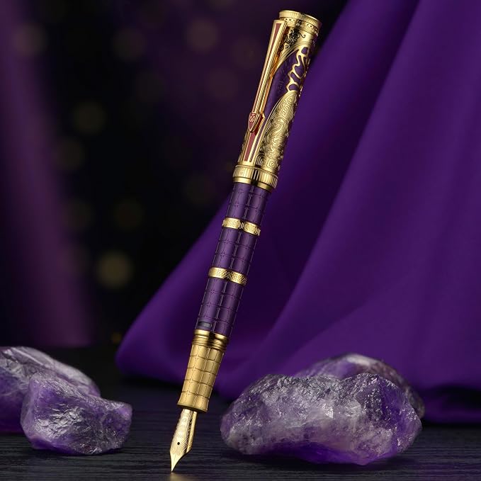 HONG DIAN D5 Qin Dynasty Fountain Pen Purple Gold, Fine Nib Piston Filling Pen, Retro Chinese Totem Engraving Smooth Writing Pen with Pen Box Set
