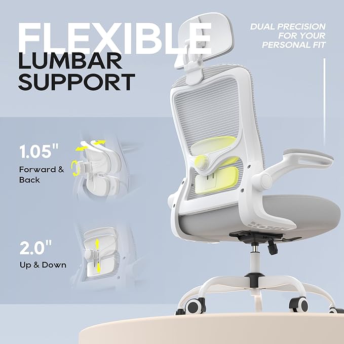 Ergonomic Office Chair, High Back Mesh Desk Chair with Adjustable Lumbar Support & Headrest, Flip-up Armrest, Computer Task Chairs for Home and Executive Office (W-Grey)
