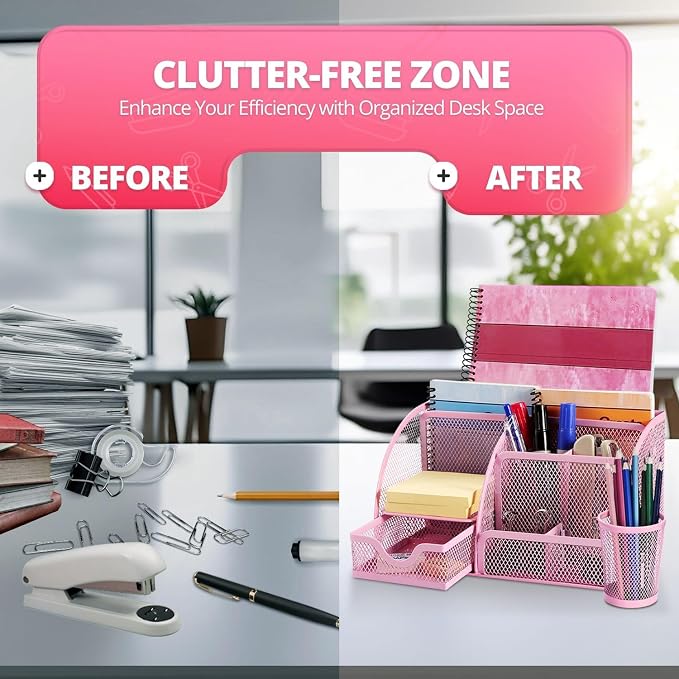 Flexzion Desk Top Caddy Organizer - Pink Office Desk Accessories Organizer and Storage - Metal Mesh Desk with 6 Compartments, Drawer and Pen Holder | Compact Desktop Caddy with Separate Pen Holder; 8.7 X 5.5 X 5 In for Office Supplies, Home Study, or D...