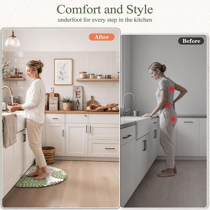 KIMODE Half Circle Kitchen Mats for Floor Cushioned Anti Fatigue Semi Round | Half Round,28"x18",Dahlia Boho,Sage Green,Kitchen Rug Non Slip ,Waterproof Sink Floor Mat Carpet Decor for Laundry Bathroom