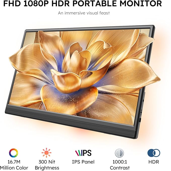 Portable Monitor for Laptop FHD 15.6" 1080P Ultra-Slim USB-C&HDMI External Second Screen for Laptop Travel Monitor Dual Speaker-Screen Extender for PC/Mac/Phone/PS4/5/Xbox/Switch-VESA*2