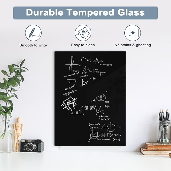 Magnetic Glass Whiteboard, 16" x 12", Frameless Wall Mount, Black | Glass Dry Erase Board for Wall, Includes 1 Marker Tray and 4 Magnets, White Board for Office, Home, Classroom