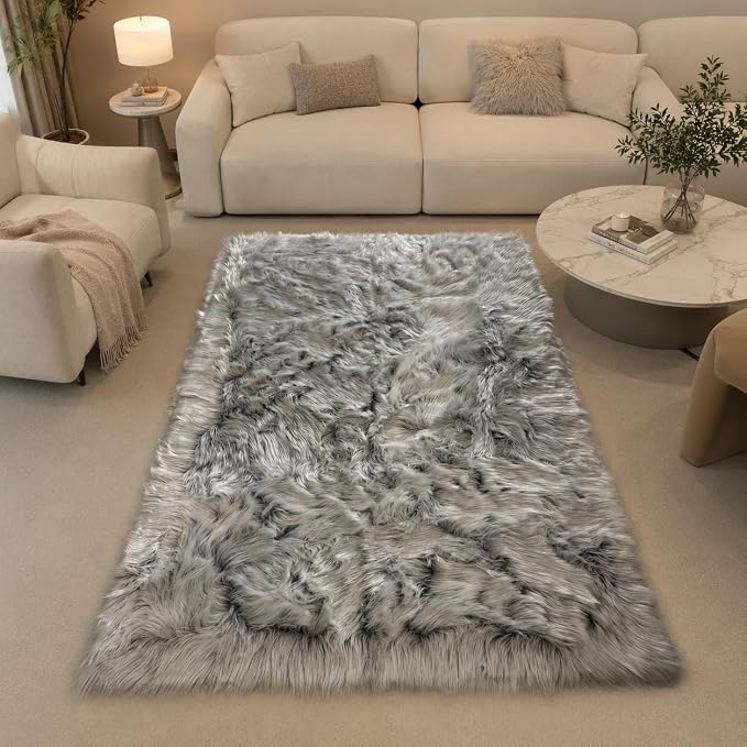 EasyJoy Faux Sheepskin Rug, Fluffy Faux Fur Rug, Ultra Soft Shag Area Rug with Non-Slip Backing for Bedroom, Living Room, Nursery, Kids Room(4 x 6 ft Rectangle, Frosted Bottom Gray)