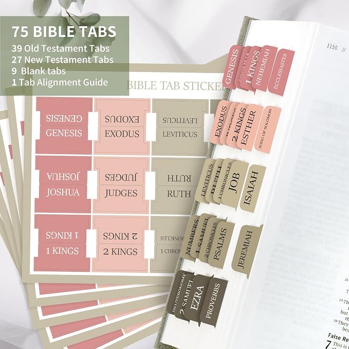 Bible Tabs for Women & Men, Bible Tab for Study Bible, Large Print Bible Tabs for Easy Navigation, Bible Index Tabs, 66 Tabs Old & New Testament, Extra 9 Blank Tabs - Green Terracotta