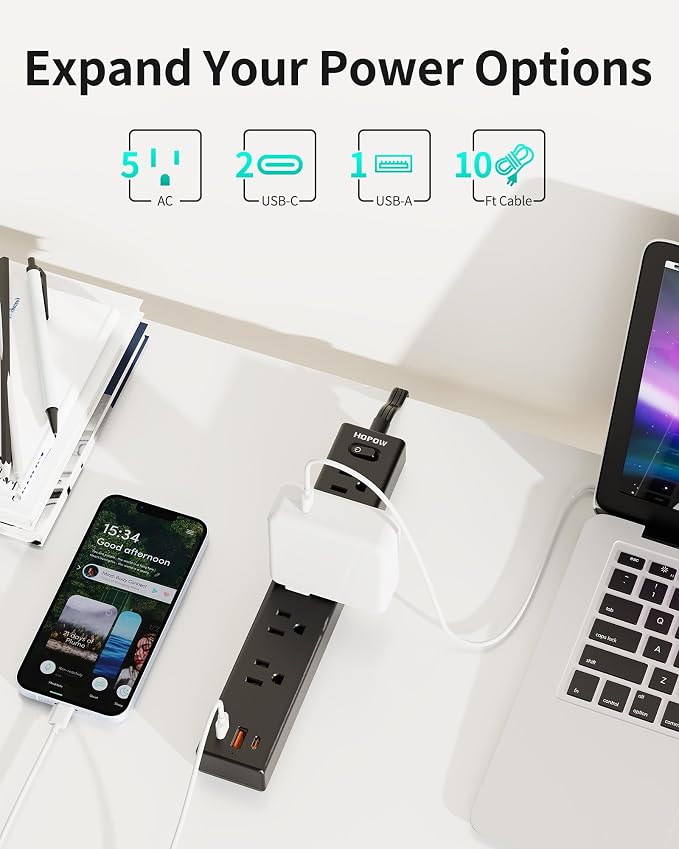 HOPOW Power Strip Surge Protector, 2 Pack, 10 Ft Ultra Thin Flat Extension Cord, Surge Protector with 5 Outlets & 3 USB Ports (2 USB C), 1700 Joules, 3-Prong, Wall Mount for Home Office Dorm, Black