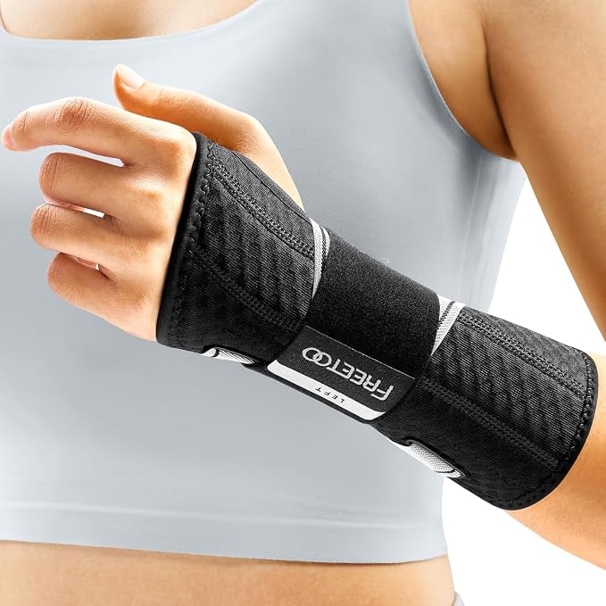FREETOO Carpal Tunnel Wrist Brace Night Support Fit Left Hand for Work, Pain Relief Wrist Splint for Tendonitis, Arthritis, Sprain, Wrist Immobilizer Fit Women Men for Sleeping (XS, Black/Grey)