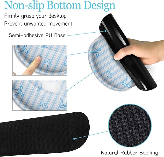 LIMKRIAN Blue Striped Mouse Pad Set Large Desk Mat for Desktop, Ergonomic Mousepad with Wrist Rest for Gaming, Keyboard Mat Wrist Support Cup Coaster Set, Cute Home Office Desk Accessories for Women