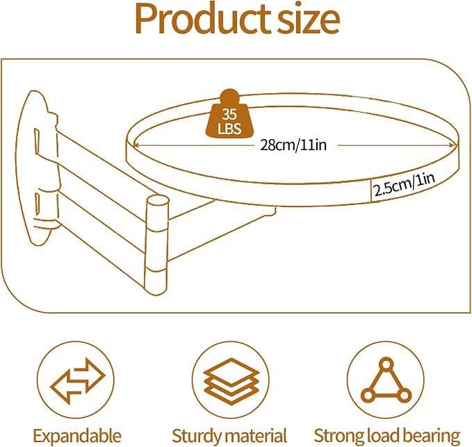 Wall Mounted Folding Round Table,11Inch Small Foldable Retractable Wooden Coffee Table Tray Fold Down Wall Desk Flip-Out Design Nightstand for Bedroom Living Room Balcony (Natural)