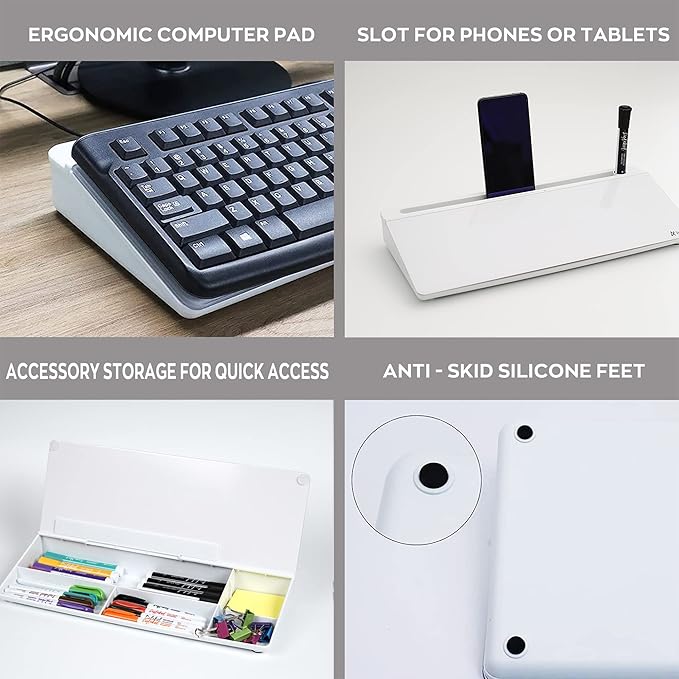 Desktop Glass Whiteboard Set with 3 Colors Markers and 1 Eraser,Desk Dry Erase Glass Whiteboard for Home Office and School Accessories Supplies with Storage Caddy for Computer Keyboard Stand.