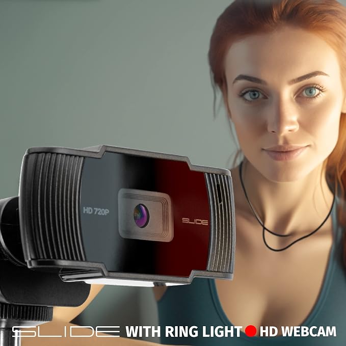 Slide 720P HD Webcam with Portable Ring Light and Clamp-on Stand, Streaming Camera with Mic, 30 FPS, 30 Light Modes, 2 Flexible Arms, Secure Clamp, Includes Sliding Lens Cover and USB Cable