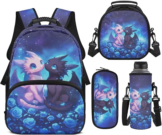 Dragon Backpack for Boys Girls Ages 6-10, 4PCS Blue Rose School Backpack Set with Lunch Box, Lightweight 17 Inch Elementary Bookbag for Kids Back to School