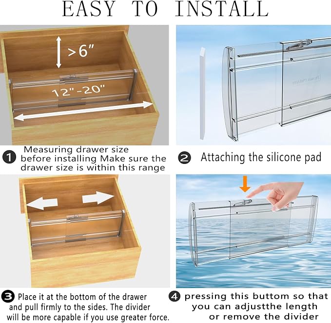 3 Pack Adjustable Drawer Dividers for Clothes,6" High Expandable From 12-20" Clear Drawer Organizers, PC Plastic Separators for Dresser/Bedroom/Bathroom/Kitchen/Office Storage