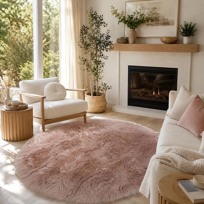 EasyJoy Faux Sheepskin Rug, Fluffy Faux Fur Rug, Ultra Soft Shag Area Rug with Non-Slip Backing for Bedroom, Living Room, Nursery, Kids Room(4 x 4 ft Round, Pink)