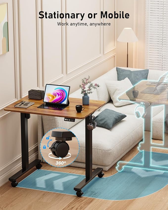 32" Small Rolling Electric Standing Desk Adjustable Height for Home Office | Mobile Sit Stand up Desk with Lockable Casters for Computer Workstation, Memory Preset, 2 Hooks, Black Frame/LightBrown Top