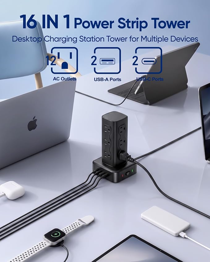 Power Strip Tower Surge Protector(2000J), Flat Plug Charging Station Tower with 12 AC Outlets & 4 USB Ports(2 USB C), 6FT Extension Cord for Home Office Dorm, Black