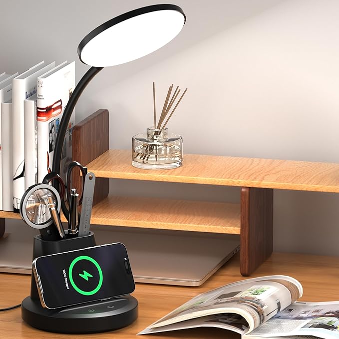 Desk Lamp with Wireless Charger, LED Desk Lamp for Home Office with Pen Holder, Dimmable Eye-Caring Study Desk Light Flexible Arm 3 Color Modes for College Dorm, 800 Lumens CRI 90